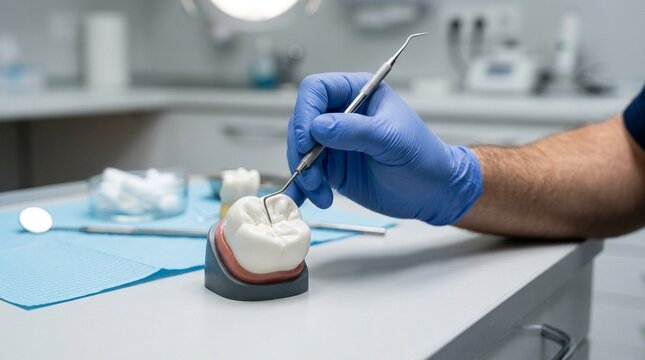 Dentist practicing on a tooth model