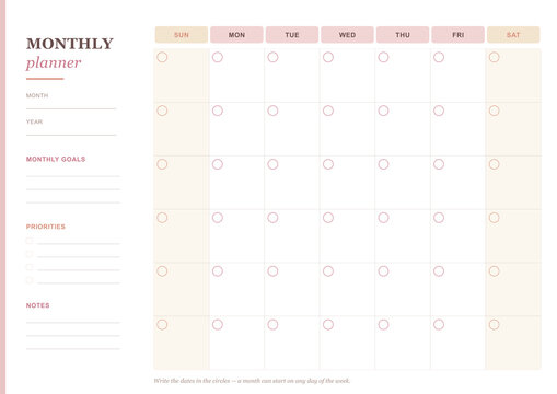 Colorful undated monthly planner template page with daily grid and notes section (A4 format) - design for printable planners, office stationery, and digital journal pages. PNG version.