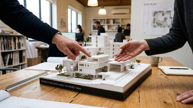 People collaborating on architectural model in library