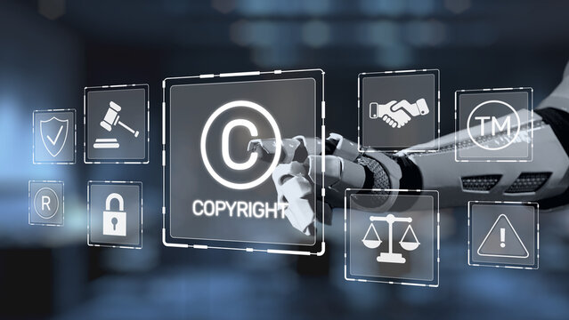 A futuristic image depicting a robotic arm interacting with digital icons related to copyright and legal compliance, showcasing innovation in technology and law. Salient