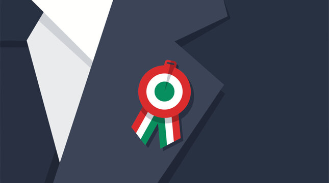A formal business suit jacket lapel with an Italian tricolor cockade pin attached.