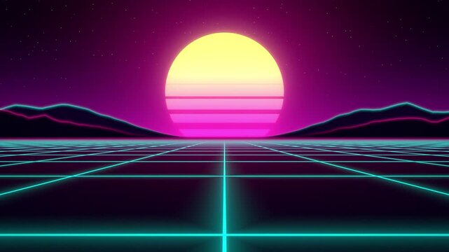 Seamless loop synthwave retro sun and neon grid 80s
