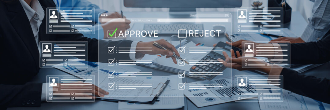 Business Team Review Process with Digital Approval and Rejection Workflow Featuring Data Charts and Calculations on Table. Bitwise.