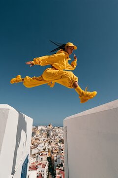 Young woman in yellow tracksuit leaping between white rooftop walls above coastal village clear sky