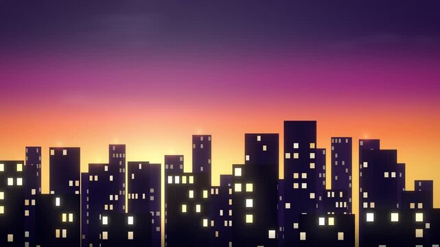 Seamless loop city skyline at dusk with lit windows