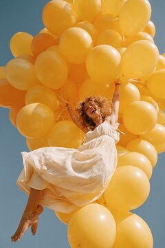 Young woman suspended by large yellow balloons against bright blue sky, joyful celebration outdoors!
