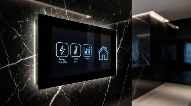 Modern smart home control panel integrated into a marble wall