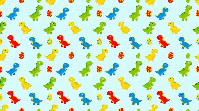 Seamless colorful dinosaur pattern on light blue background.