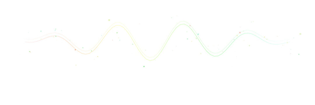 Audio wave sound frequency visualization graphic. Glowing green and yellow sinusoidal wave line. Small floating particles. Clean white background. Digital sound track symbol for music and media