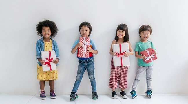 Four happy diverse children standing in row holding colorful wrap presents gift box, celebrating day generosity, friendship, childhood joy, and special occasions. Christmas vacation holiday vibe.