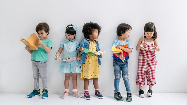 Portrait of five diverse nerd asian toddler African children stand together and read colorful books, enjoying a fun educational activity that encourages literacy, learning back to school.