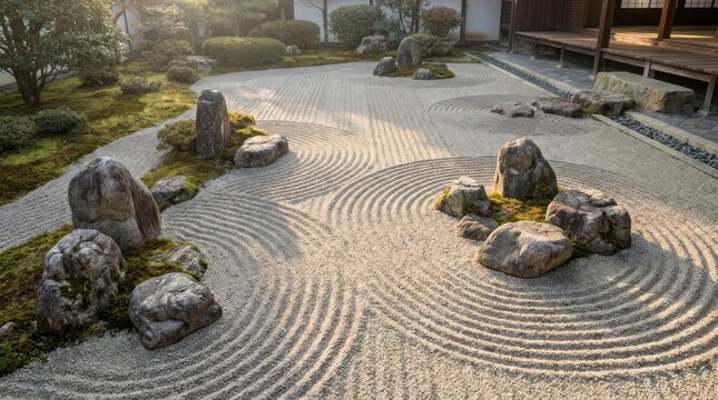Serene Japanese zen garden with raked sand and rocks in soft morning light