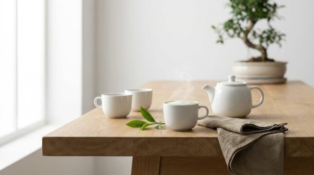 Table setting with tea cups and teapot near a window with a bonsai tree