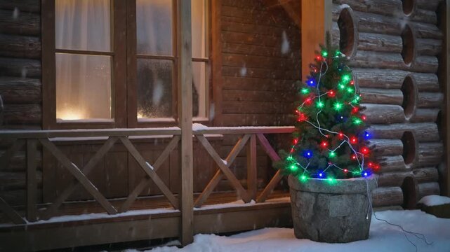 冬の夕暮れの雪降る北欧風ログコテージの木製デッキポーチと鮮やかに点滅するクリスマスツリー