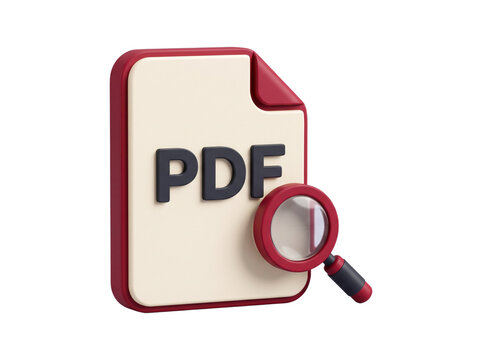 3D PDF file icon with magnifying glass for search