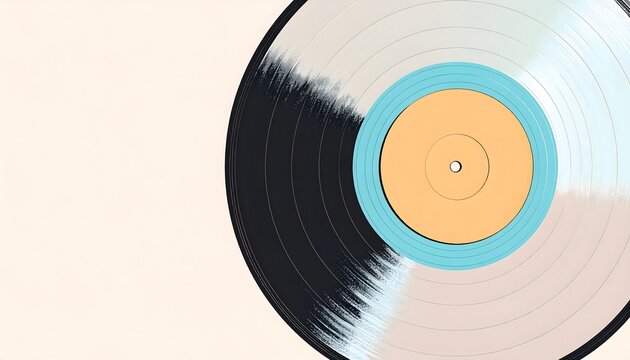 Disco de vinilo bicolor con etiqueta naranja y aro azul sobre fondo claro