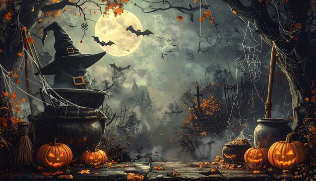 Calderos, sombrero de bruja y calabazas iluminadas bajo la luna llena