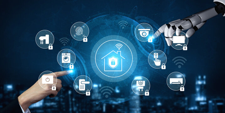 A futuristic representation of home automation technology featuring digital devices, security icons, and interactions between a human hand and a robotic arm. Gantry