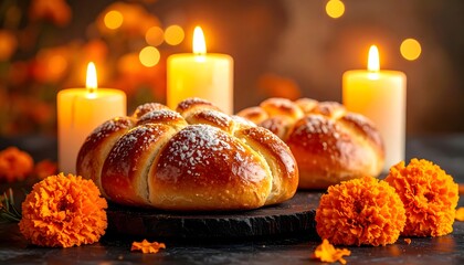Fototapeta premium Pan de muerto con velas y cempasúchil en ambiente de Día de Muertos