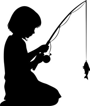 Black silhouette of a young child kneeling and holding a fishing rod with a small fish dangling from the line, isolated on a white background