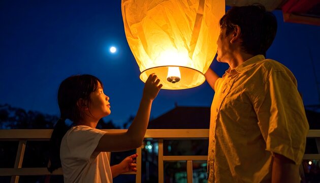 Dos personas encendiendo un farol de papel luminoso durante la noche