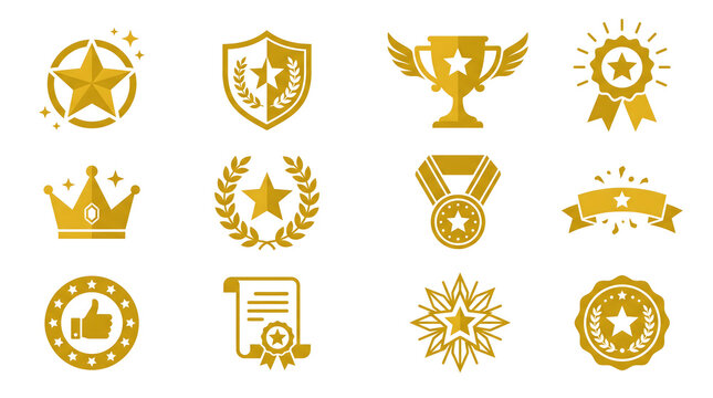 Golden award badges and trophy icons set featuring shiny stars laurel wreaths crown medal ribbon scroll and thumbs up symbols designed in flat vector style for winner recognition