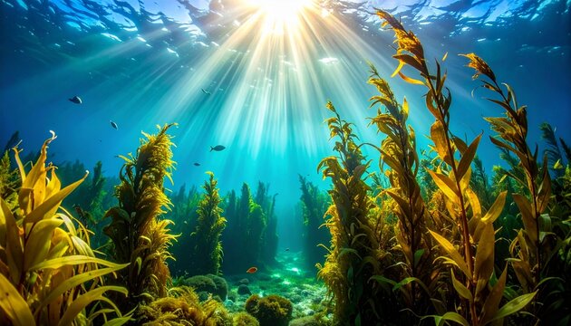 Sunlight Filtering Through a Kelp Forest with Tall Fronds in Clear Ocean Water