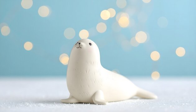 Foca blanca sobre nieve con fondo azul y luces desenfocadas