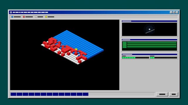 Satisfying 90s retro computing isometric 3D disk defragmentation screen with animated cluster voxels, scanner head, and storage metrics in a seamless 4K loop.