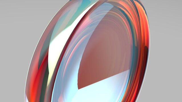 Abstract glass disc with red and iridescent reflections on gray background, 3D render