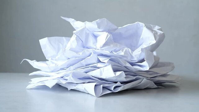 Pile of crumpled paper sheets on table