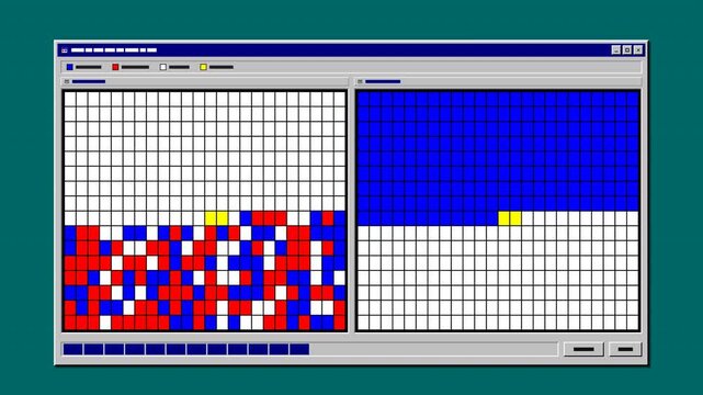 Retro 90s operating system dual-drive disk defragmentation and data relocation screen with stepped pixel cluster blocks in a seamless 4K loop.