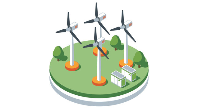 Sleek Isometric of Modern Wind Turbines and Solar Panels on a Green Circular Field with Small House