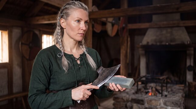 Woman Sharpening Axe in Viking Longhouse