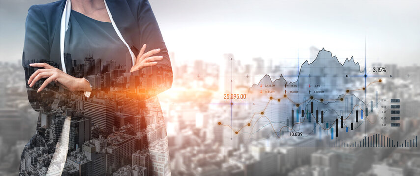 A confident businesswoman stands in front of a vibrant city skyline, with innovative graphs and charts overlaying the image, symbolizing financial growth and strategic success. Scalp