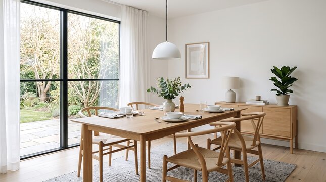 Minimalist Scandinavian dining room interior featuring a light oak wooden table, wishbone chairs, a white pendant light, and large floor-to-ceiling windows overlooking a green garden.