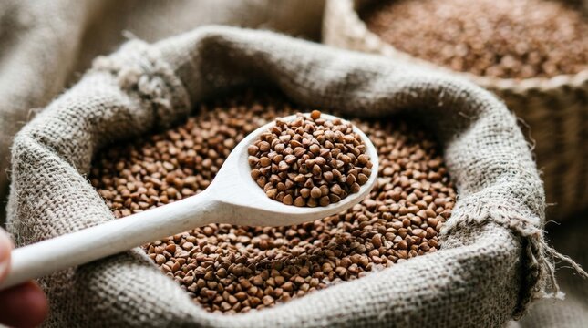 Organic roasted buckwheat groats in a rustic burlap sack