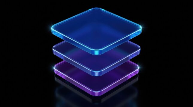 Glass panel stack on black, 3d rendering minimal tech concept for fintech app, corporate presentation, digital wallet concept and cloud computing software ui banner