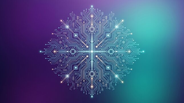 Glowing neon circuit board snowflake pattern with intricate glowing microchip traces and glowing nodes