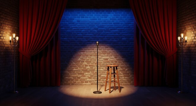 Spotlighted Empty Stage with Microphone Stool and Dramatic Lighting