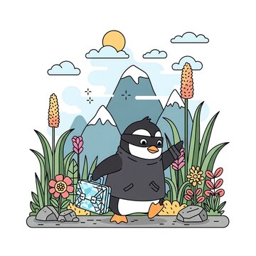 Penguin Thief Escaping with Stolen Treasure in Mountain Landscape.