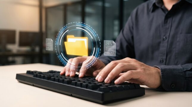 Document management system(DMS) with file folders and archive storage. Digital organization helps manage records, data and business information.