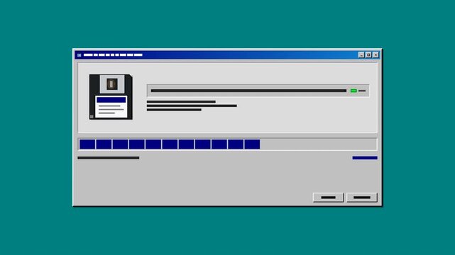 Retro 90s computer software setup screen with animated pixel floppy disk, blinking drive LED, and chunky progress bar in a seamless 4K loop.