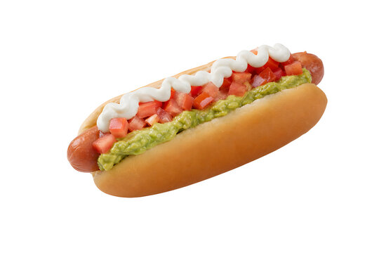 Chilean completo Italiano hot dog with soft bun, sausage, diced tomato Isolated on White Background