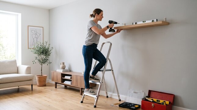 Woman on ladder using drill to install shelf on wall with level tool and toolbox nearby