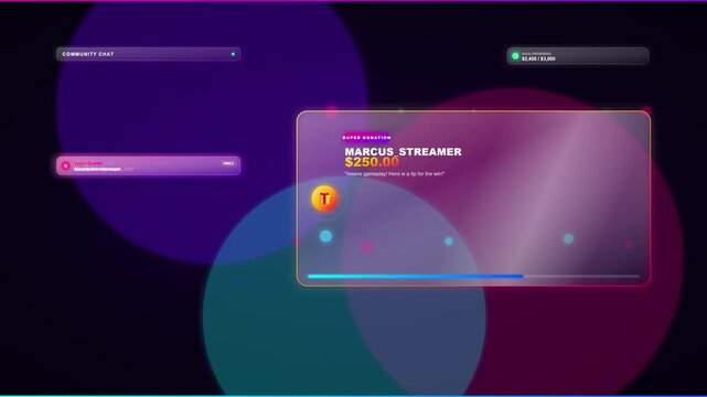 Modern professional live streaming overlay template with neon glowing background super donation notification alert window progress bar for fundraising goals and community chat box interface