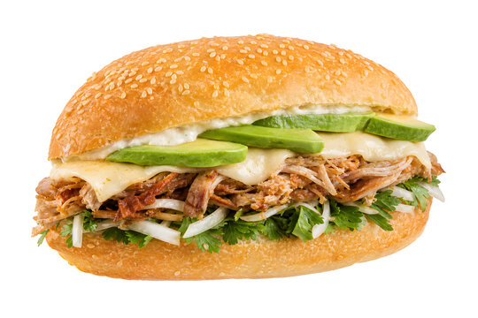 Mexican cemita, large sesame-topped Puebla sandwich with visible layer Isolated on White Background