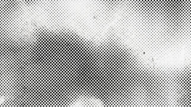 Black and white halftone dot pattern with distressed grunge texture, vintage newspaper print effect, and grainy noise overlay background