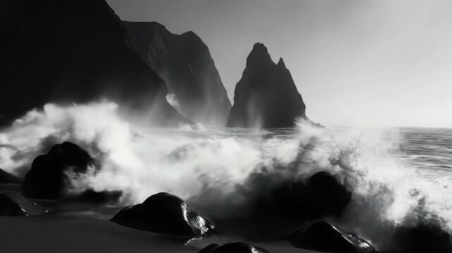 Black and white ocean waves crashing against rocky cliffs