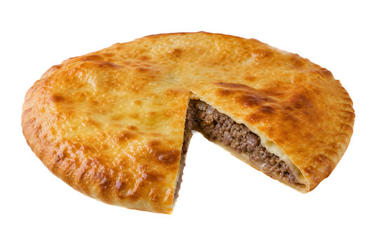 Turkmen ichlekli, round baked meat pie cut into wedge showing thin Isolated on White Background